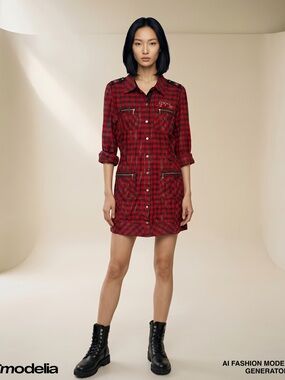 COOGI Red Black Plaid Military mini dress Collar Long sleeve Button front Unique